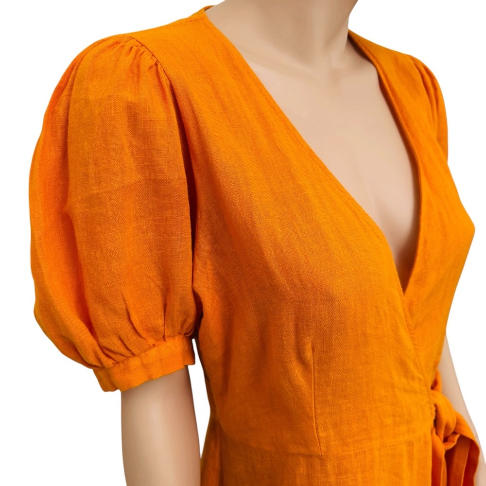 Zara 100% Linen Orange Wrap Dress Puff Sleeve Tie Waist Women’s Medium Portugal - Picture 6 of 12